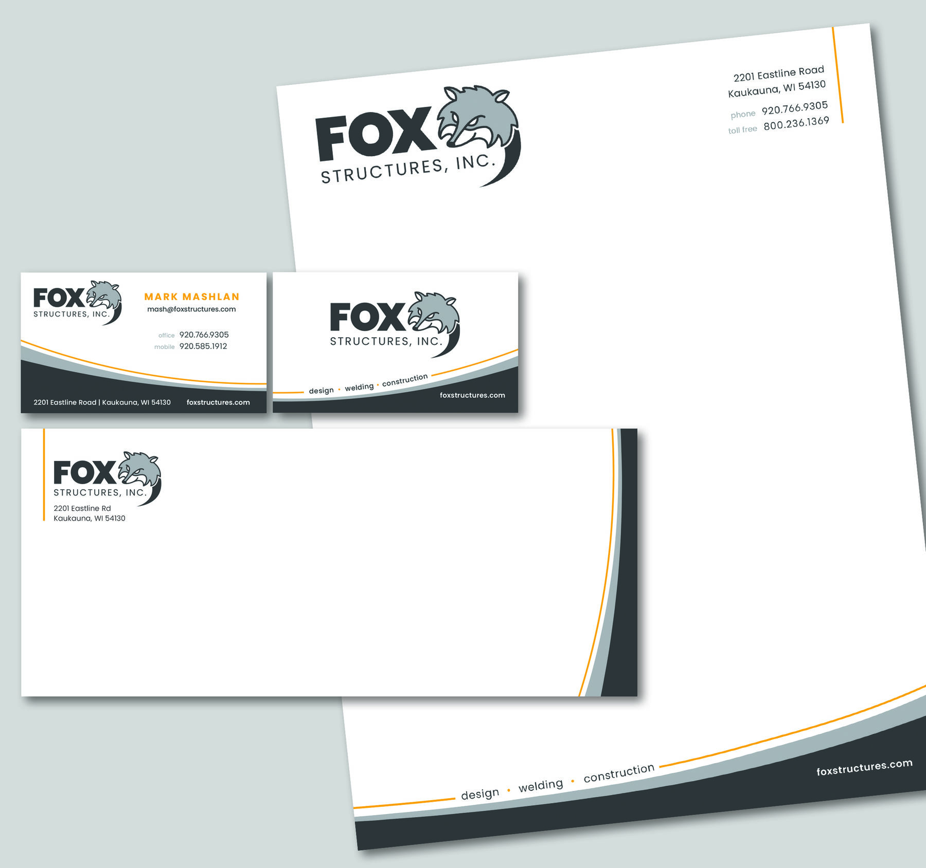 Fox Structures custom business card designs, custom envelope designs and custom letterhead designs