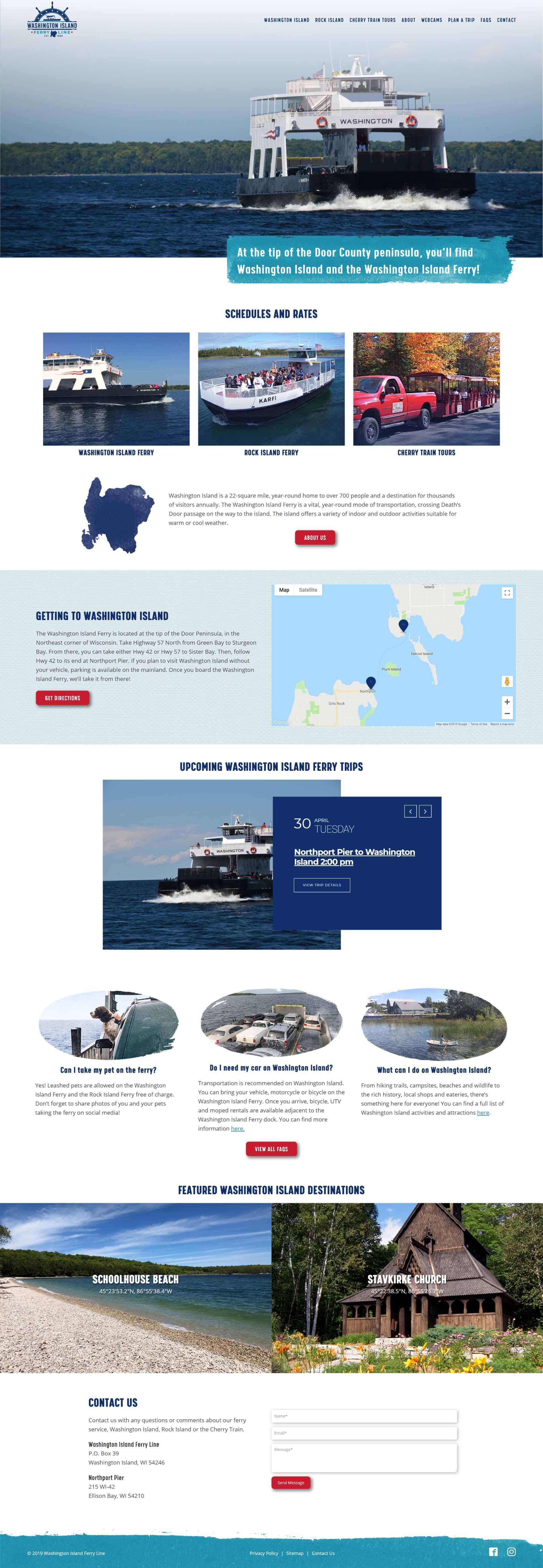 Homepage for a custom website design and development project for Washington Island Ferry Line