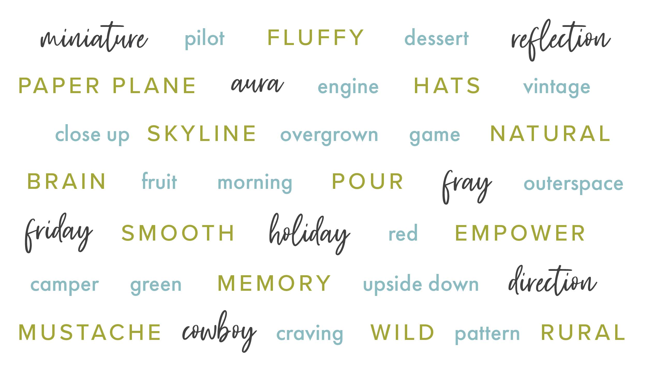 Word cloud with a variety of creative prompts such as wild, mustache, cowboy, holiday