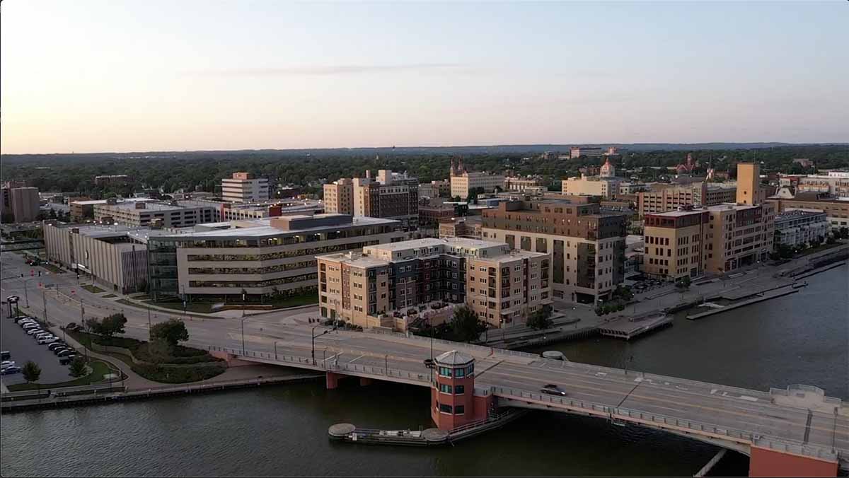 Drone shot of downtown Green Bay, WI