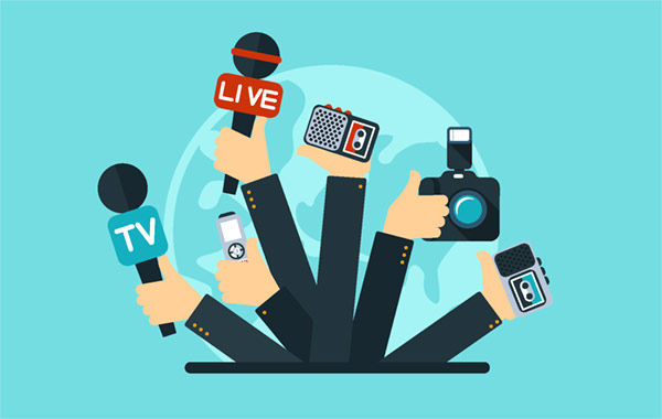 Illustration with numerous hands holding media tools such as microphones, recorders, and cameras