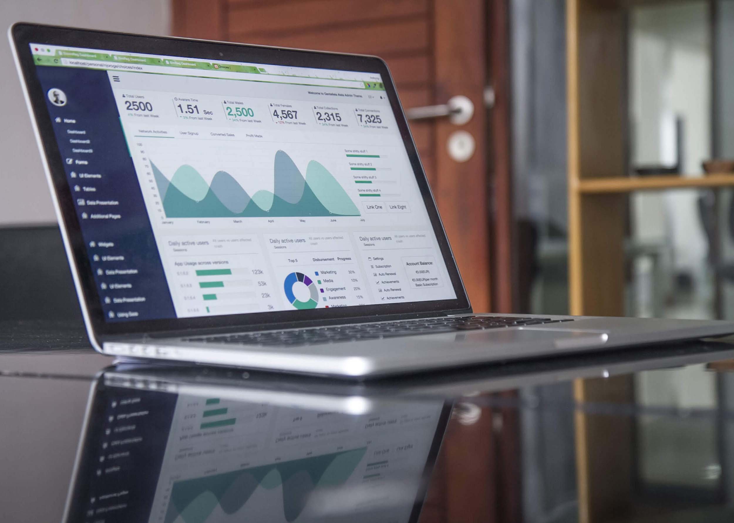 laptop sitting on desk with analytics dashboard on display