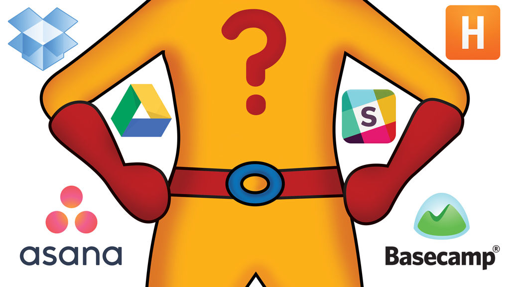 Superhero illustration with logos for various collaboration tools such as BaseCamp and Asana