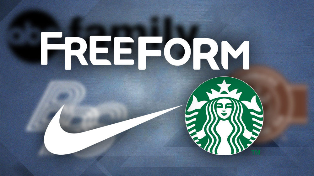 Freeform, Nike, and Starbucks logos with their old logos and names blurred in background
