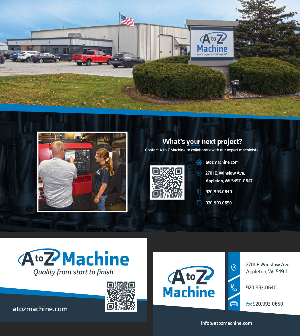 Back cover of a custom brochure design and custom business card designs for A to Z Machine