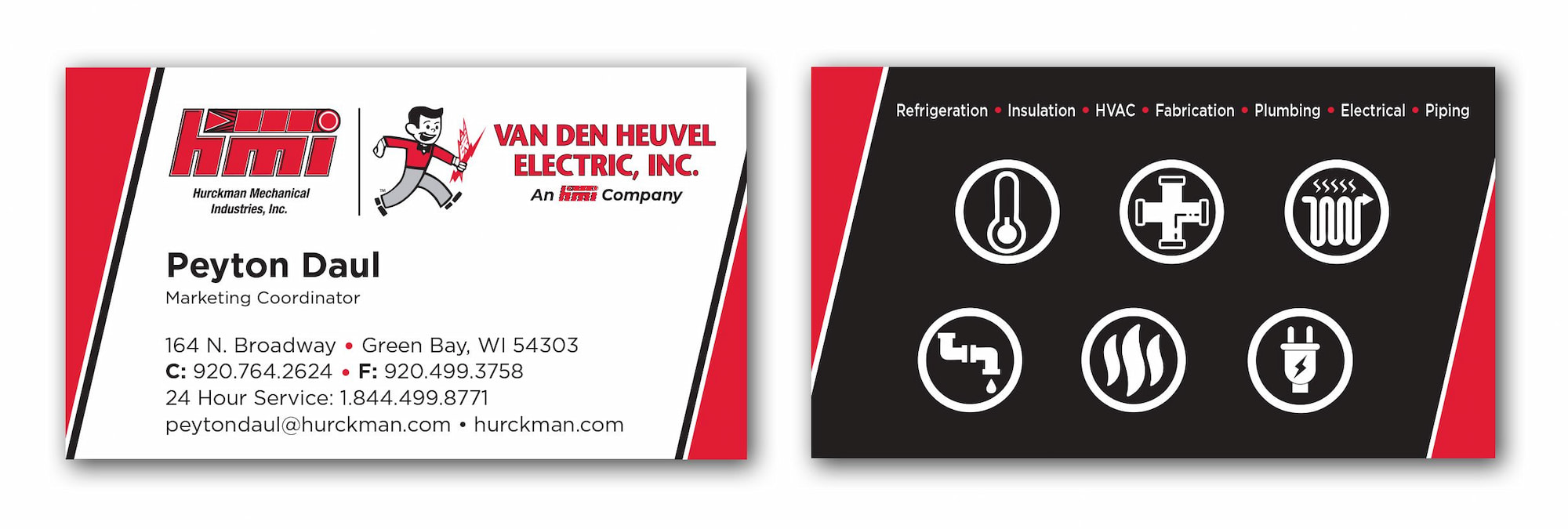 Front and back of Hurckman Mechanical business card design by Insight Creative featuring HVAC and electrical service icons.