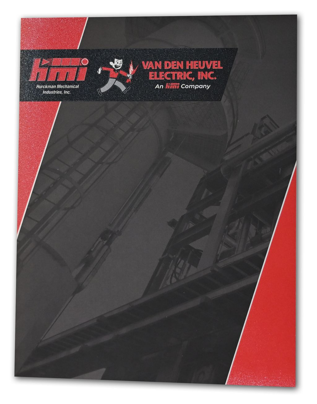 Branded folder design for Hurckman Mechanical and Van Den Heuvel Electric featuring industrial background and bold red accents.