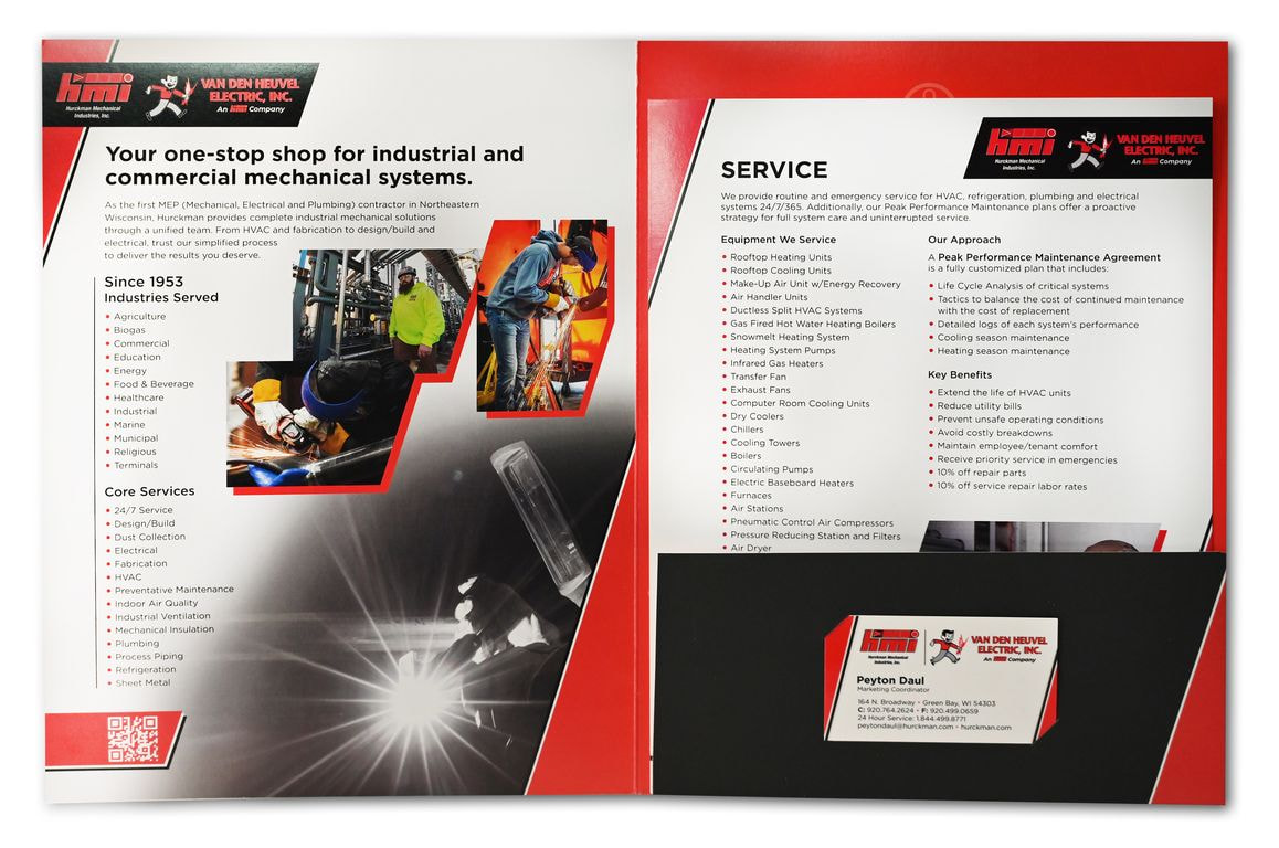 Inside view of Hurckman Mechanical service folder detailing HVAC, plumbing, and electrical capabilities with business card insert.