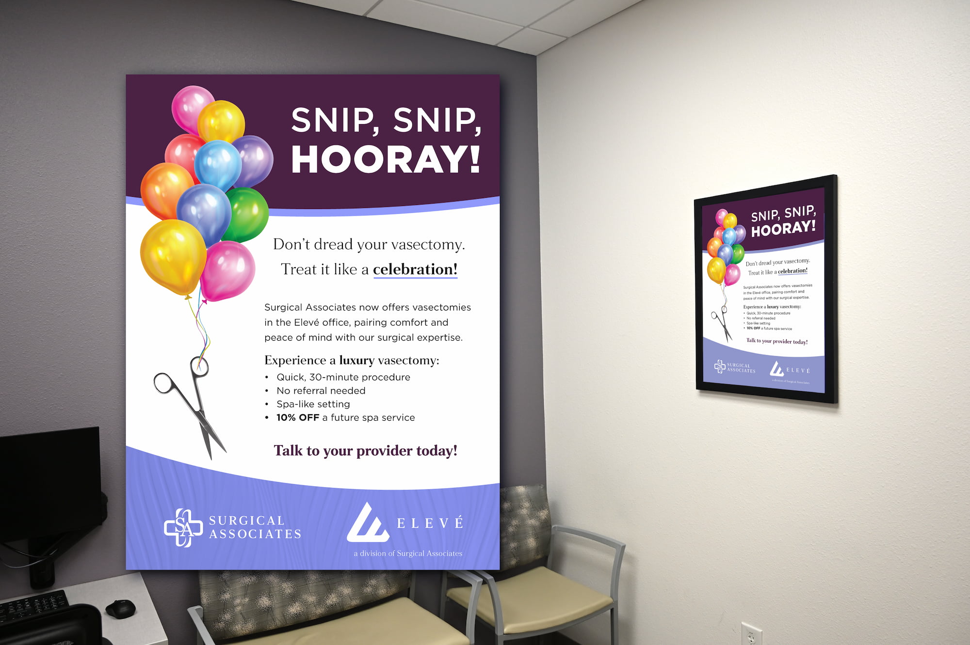 Large wall poster in clinic promoting Surgical Associates luxury vasectomy services with balloons and scissors graphic.