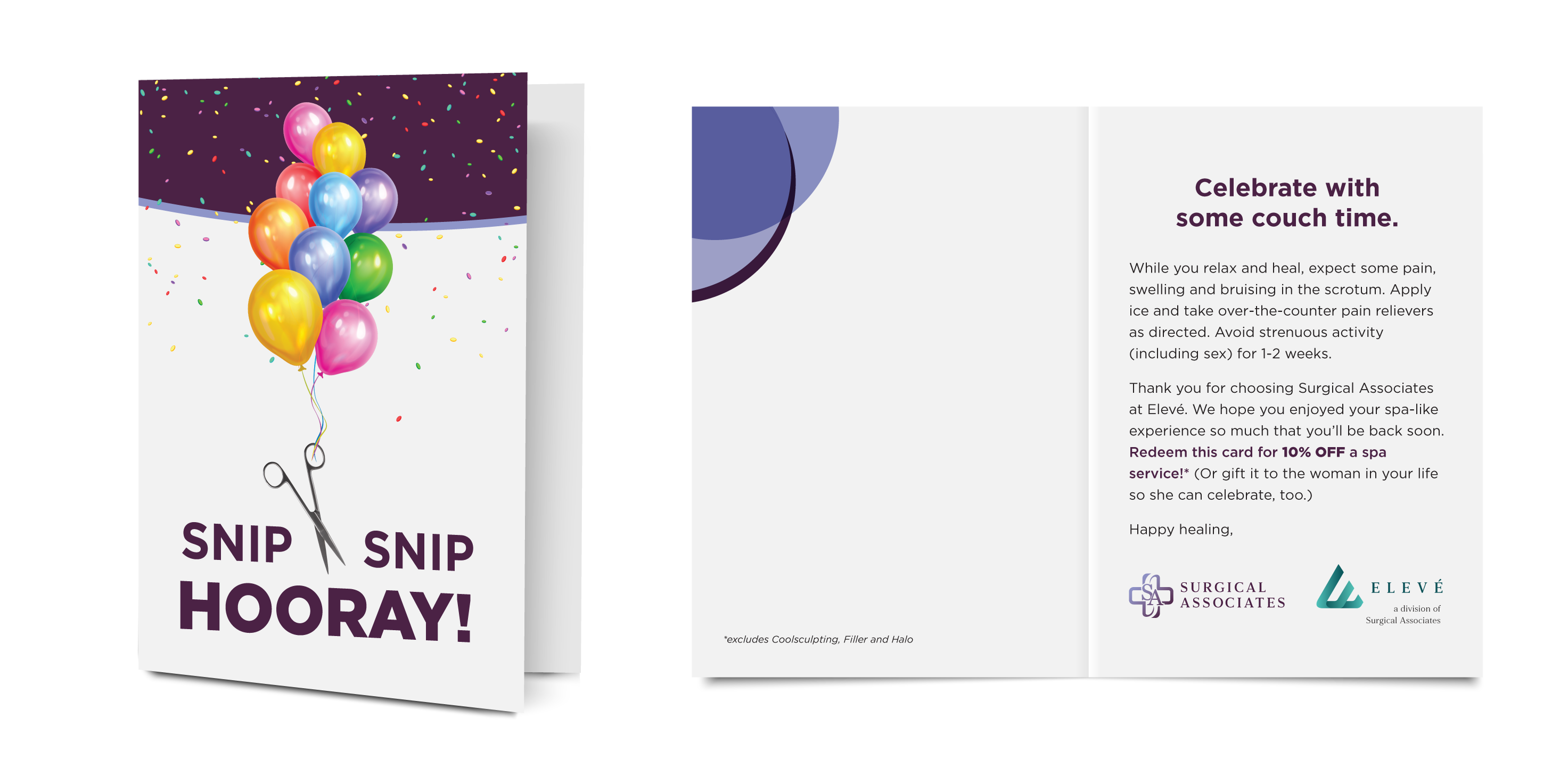 Surgical Associates vasectomy recovery brochure with balloons, scissors, and post-procedure care tips.